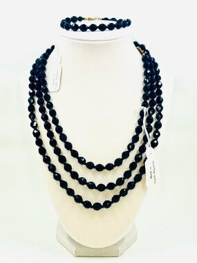CZECH GLASS 60” Black Faceted Necklace & 7” Bracelet Set NWT